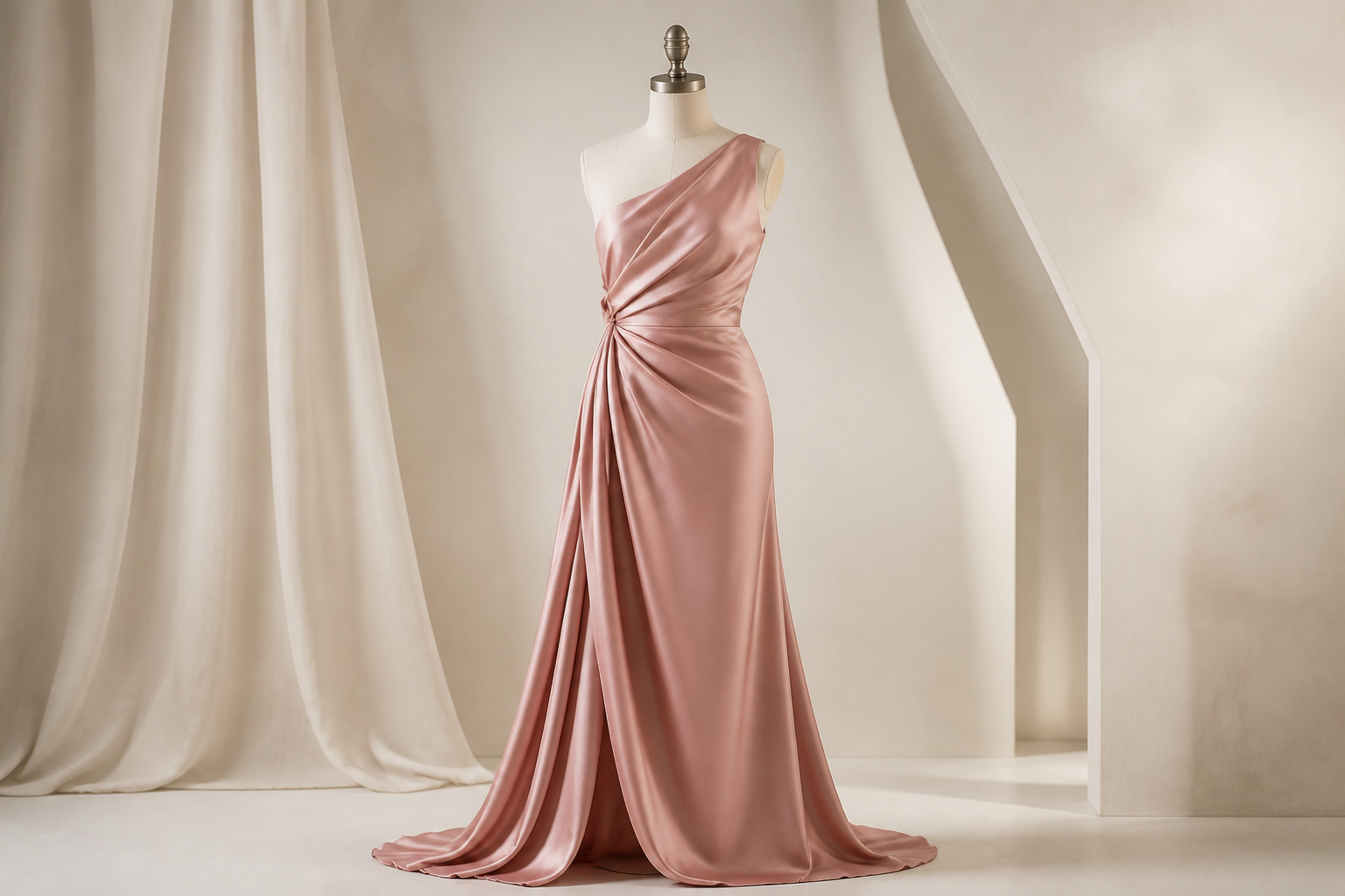 Look 01 — Rose silk evening gown on dress form
