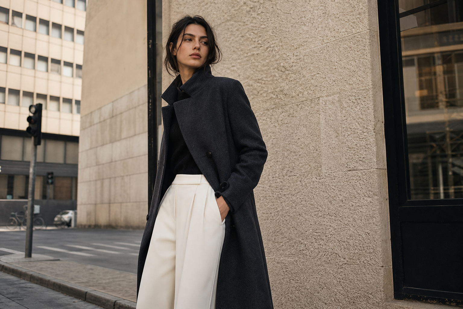 Structured charcoal coat styled for SS26 collection