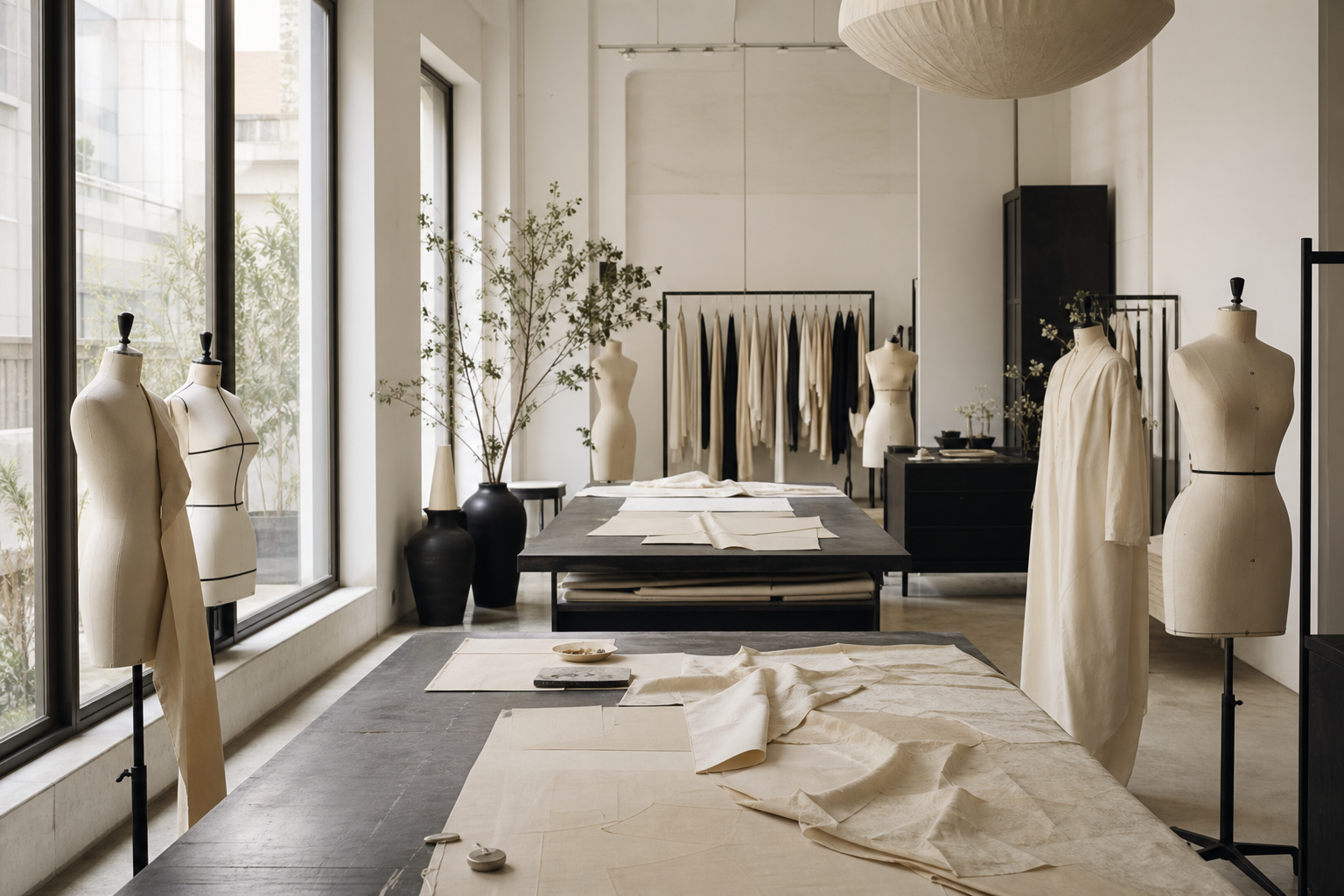 Bright minimalist fashion atelier interior with dress forms and cutting tables